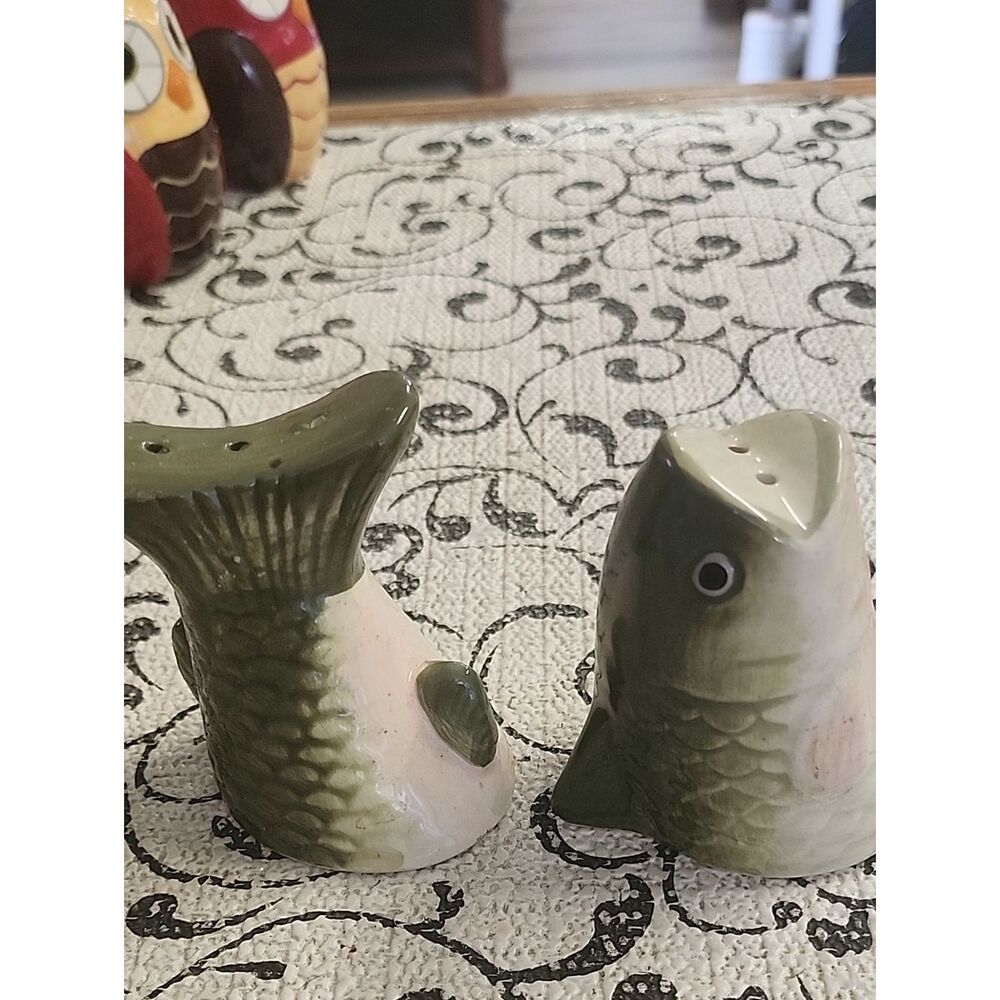 Green and Cream Fish Salt and Pepper Shakers